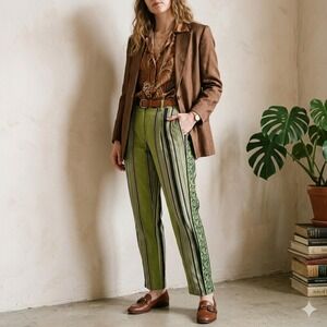 Etro Pants Women 40 Green Striped Straight Leg Cotton Silk Italian Luxury Bold